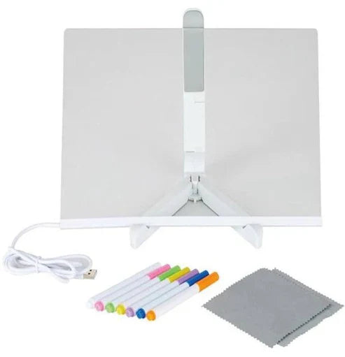 TABLERO DE MENSAJES ACRÍLICO LUMINOSO BORRABLE CON SOPORTE Y 7 BOLÍGRAFOS COLORIDOS